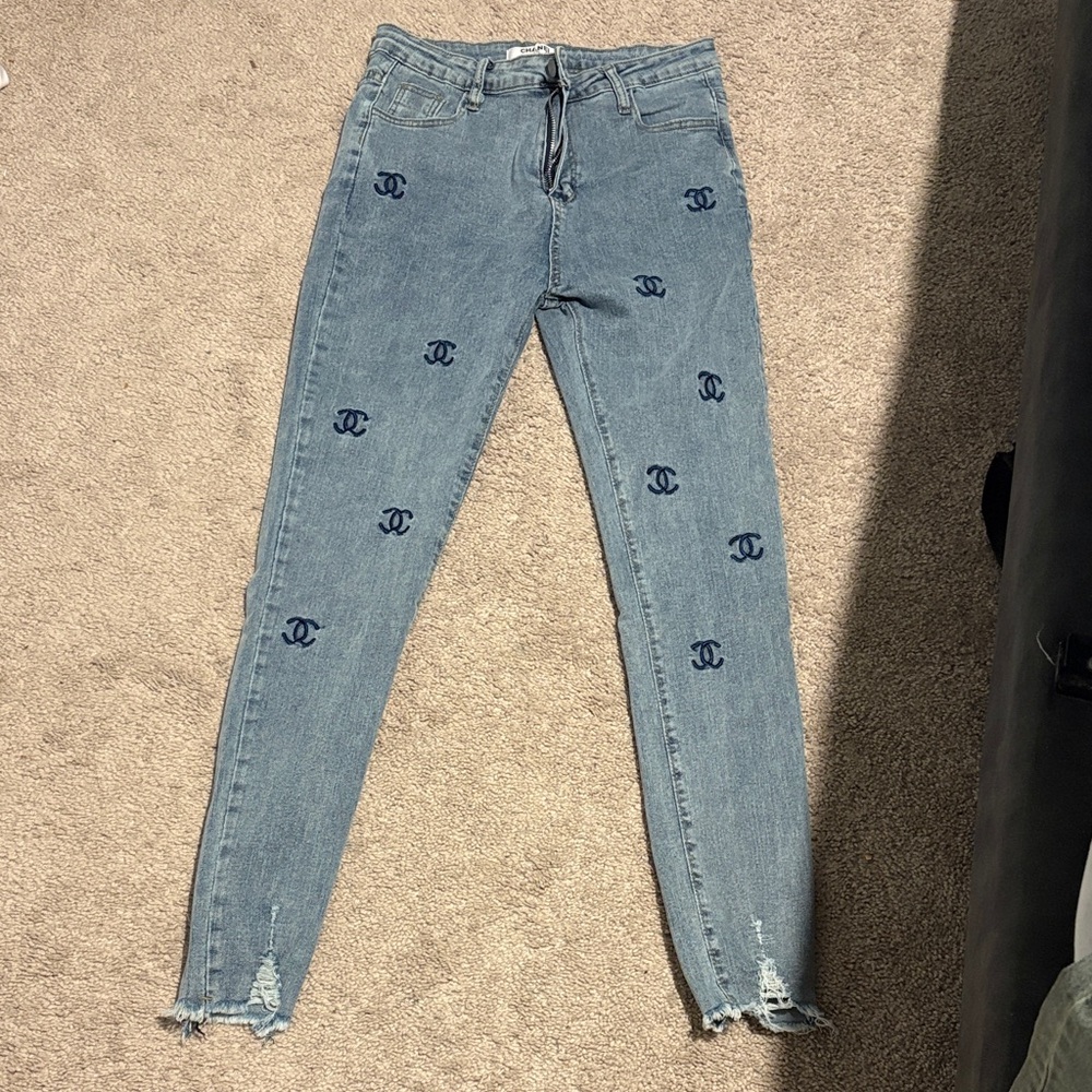 Blue Embroidered Logo Skinny Jeans
